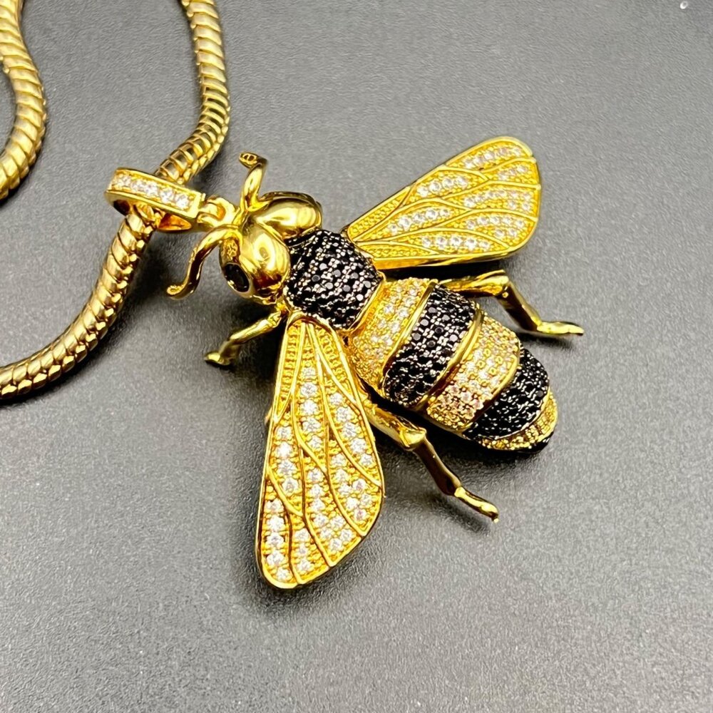 Gold Tone Bee Pendant Necklace Pave Crystal Black Stones Statement 24" LOOK - Picture 12 of 13